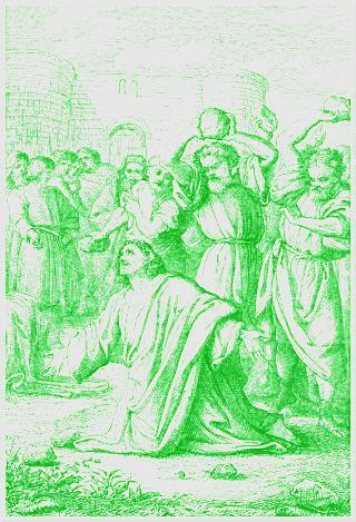 A picture of a man believed to be Steven, on his knees about to be stoned to death