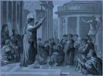 A picture depicting a man believed to be Paul, standing on the temple steps teaching the Word of the Lord