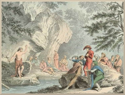 A picture of a man believed to be John the Baprist at the Jordan river about to baptize men