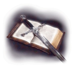 A picture depicting a sword on a Bible
